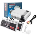 A retro gaming console with a design similar to the classic NES, featuring two rectangular controllers and cables for connection. It includes 620 built-in classic games and comes with a USB power adapter and AV cables for TV connection.