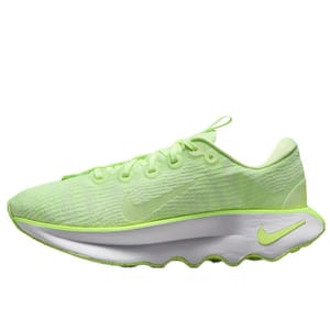 A neon green athletic shoe with a white and lime green sole featuring a swoosh logo on the side and sole.