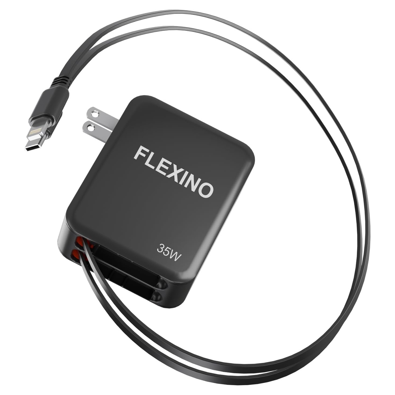 A retractable wall charger labeled \“FLEXINO\“ with a 35W output, featuring two USB ports and a built-in retractable cable, suitable for charging multiple devices.