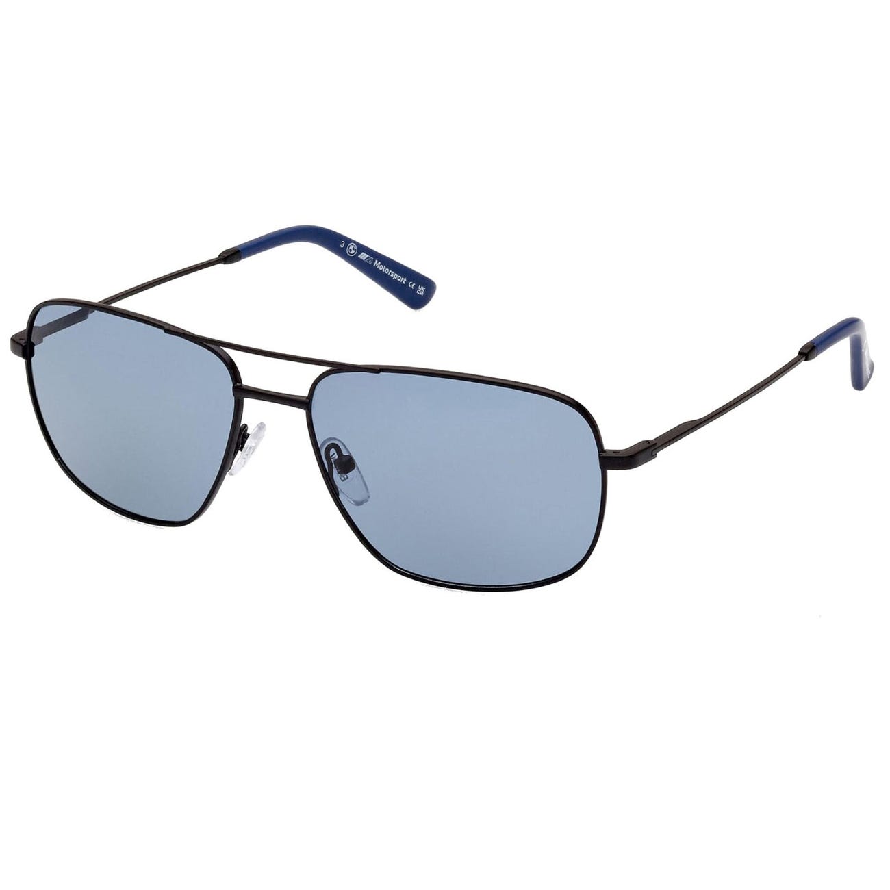 Aviator-style sunglasses with black frames and blue lenses, featuring blue temple tips.