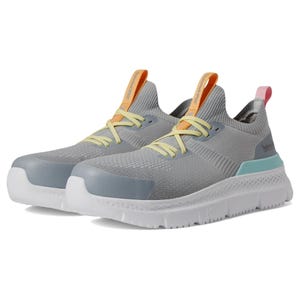 Gray sneakers with a breathable knit upper, yellow laces, and colorful accents on the tongue and heel. They feature a white outsole designed for comfort and support.