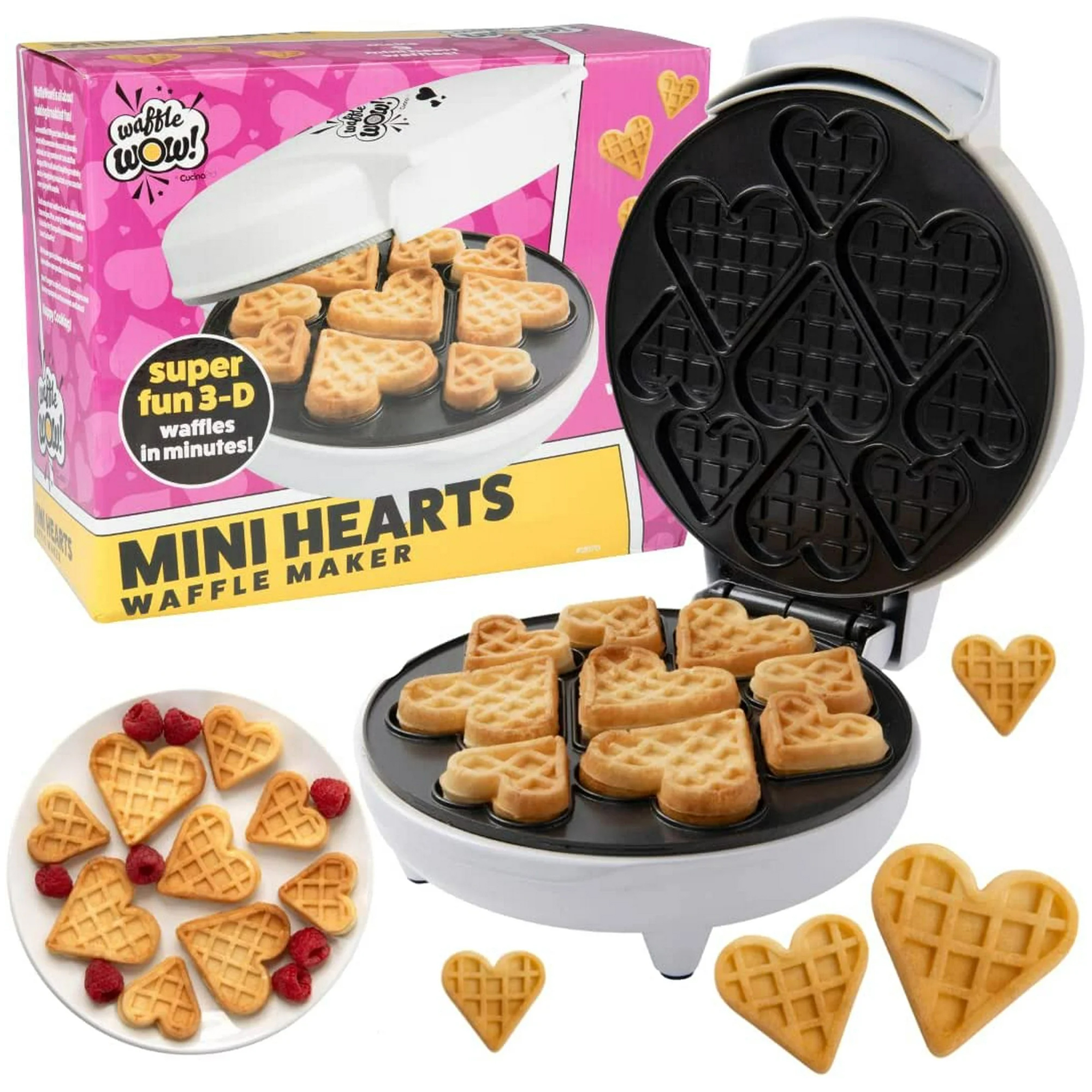 Mini Hearts Waffle Maker creates fun 3D waffles in heart shapes, with a non-stick surface for cooking multiple waffles at once. The box is pink and yellow with images of the waffles and the maker.