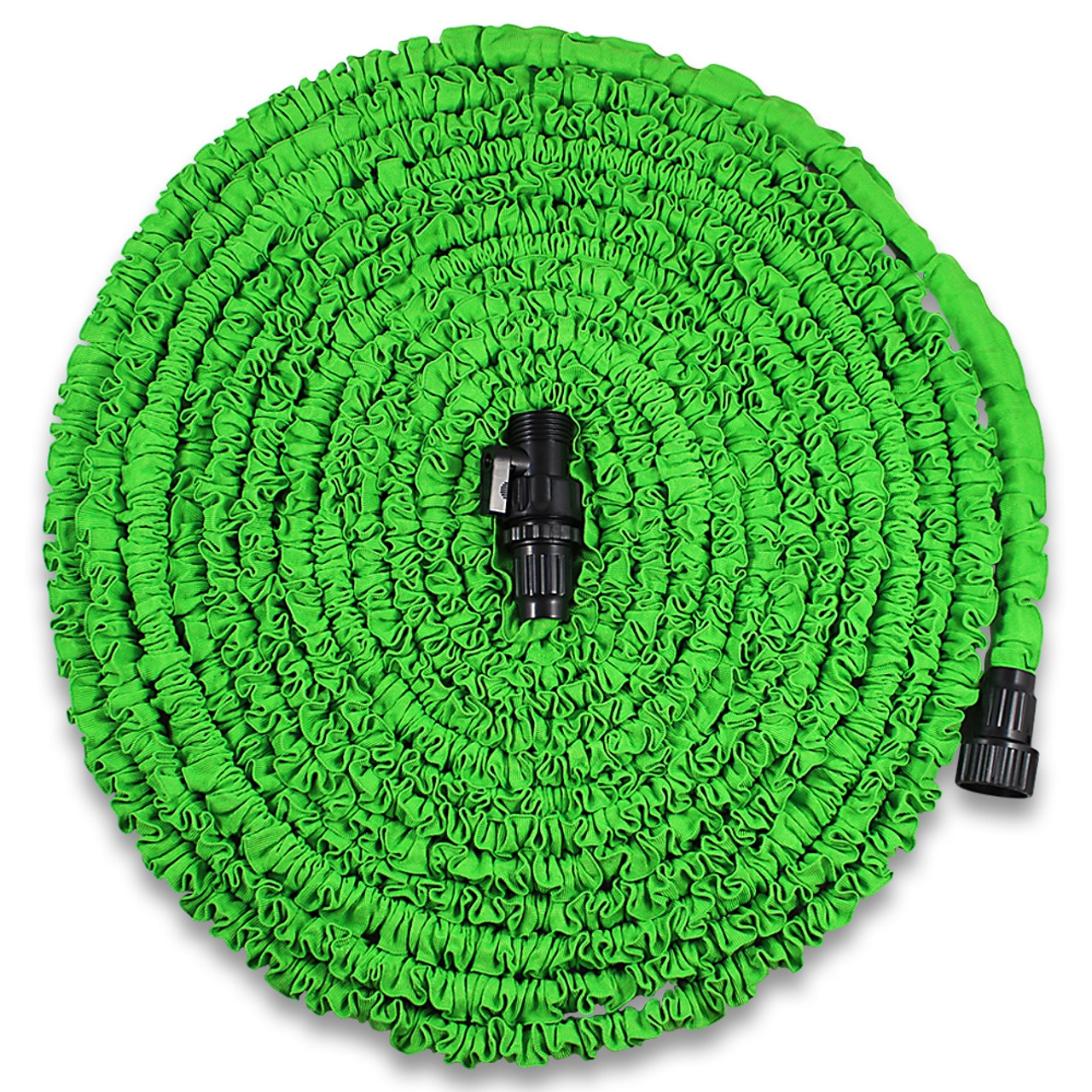 Green 100' flexible garden hose coiled in a spiral, featuring black connectors on each end, designed for easy storage and expansion during use.