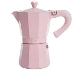 A pink Moka pot with a heart-shaped knob and a curved handle, designed for making stovetop espresso.