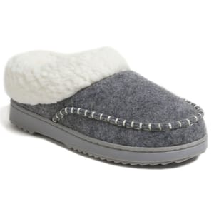 A gray felt slipper with a plush white lining and a ridged sole.