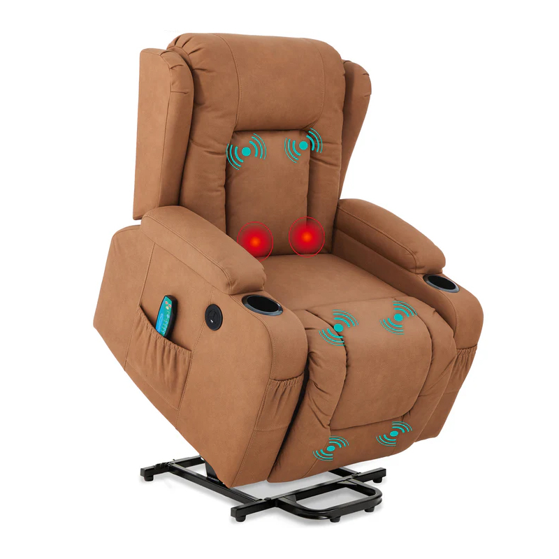 Brown recliner chair with built-in massage, heating features, cup holders, and side pockets, supported by a lift mechanism.