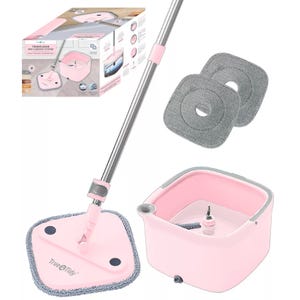 Pink mop and bucket system with two microfiber pads. Includes a triangular mop head, a collapsible handle, and a self-cleaning bucket.
