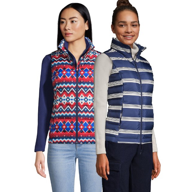 Two women are wearing sleeveless vests, one with a blue striped pattern and the other with a red, white, and blue geometric design.