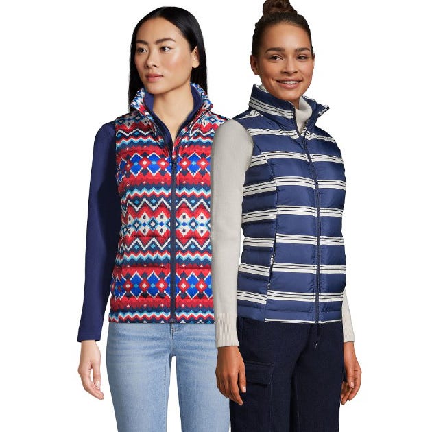 Two women are wearing sleeveless vests, one with a blue striped pattern and the other with a red, white, and blue geometric design.
