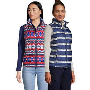 Two women are wearing sleeveless vests, one with a blue striped pattern and the other with a red, white, and blue geometric design.