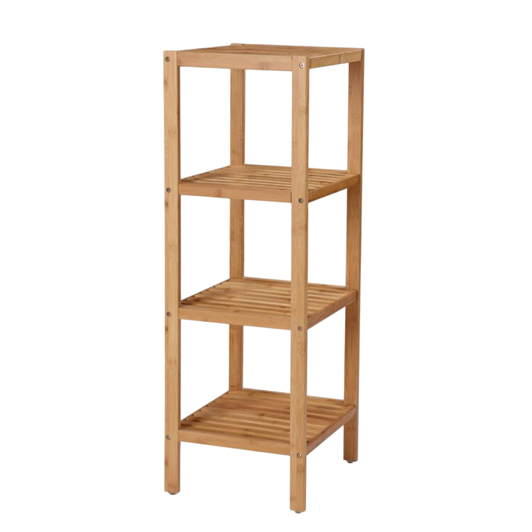 A wooden shelf unit with four slatted tiers, ideal for storage or display.