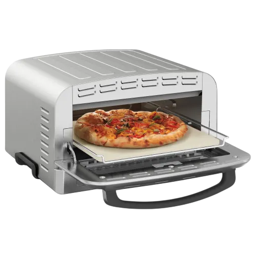 A countertop pizza oven with a pizza inside, featuring a glass door and ventilated design.