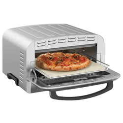 A countertop pizza oven with a pizza inside, featuring a glass door and ventilated design.