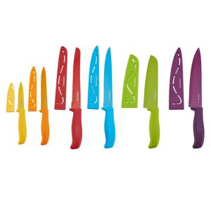 A set of colorful kitchen knives with matching blade guards, featuring various types like serrated, chef's, and paring knives, each with a distinct handle color.