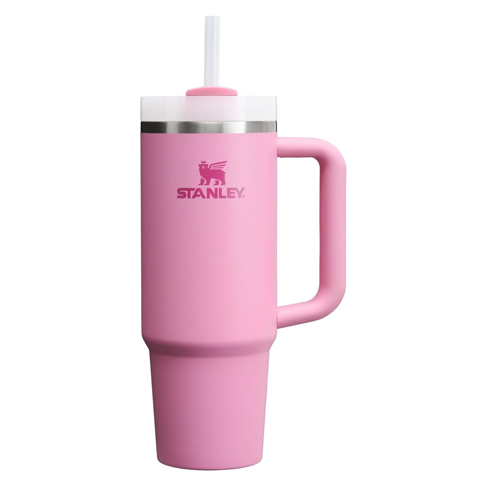 Pink Stanley tumbler with a handle and straw, featuring a stainless steel rim.