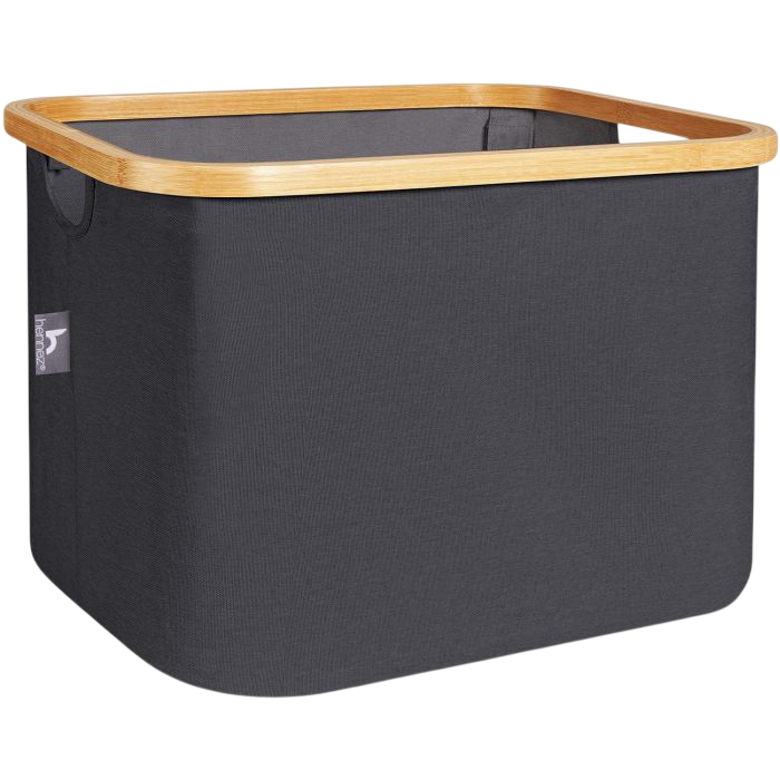 A rectangular dark gray fabric storage bin with a wooden frame, featuring a small handle and a label on the side.