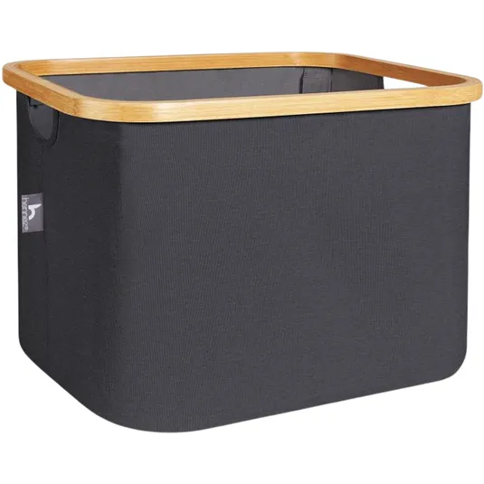 A rectangular dark gray fabric storage bin with a wooden frame, featuring a small handle and a label on the side.