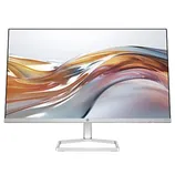 A sleek HP monitor with thin bezels and a stylish metal stand, featuring a modern abstract design on the screen.