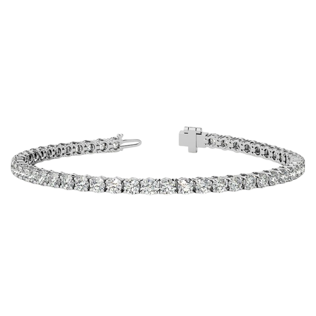 A diamond tennis bracelet featuring a continuous line of diamonds set in a metal band, with a clasp for fastening.