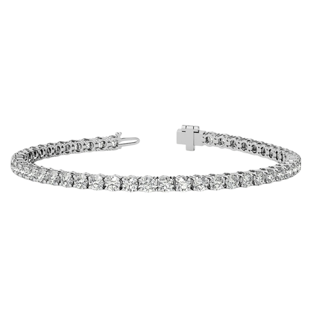 A diamond tennis bracelet featuring a continuous line of diamonds set in a metal band, with a clasp for fastening.