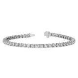 A diamond tennis bracelet featuring a continuous line of diamonds set in a metal band, with a clasp for fastening.