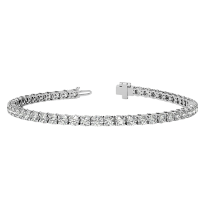 A diamond tennis bracelet featuring a continuous line of diamonds set in a metal band, with a clasp for fastening.