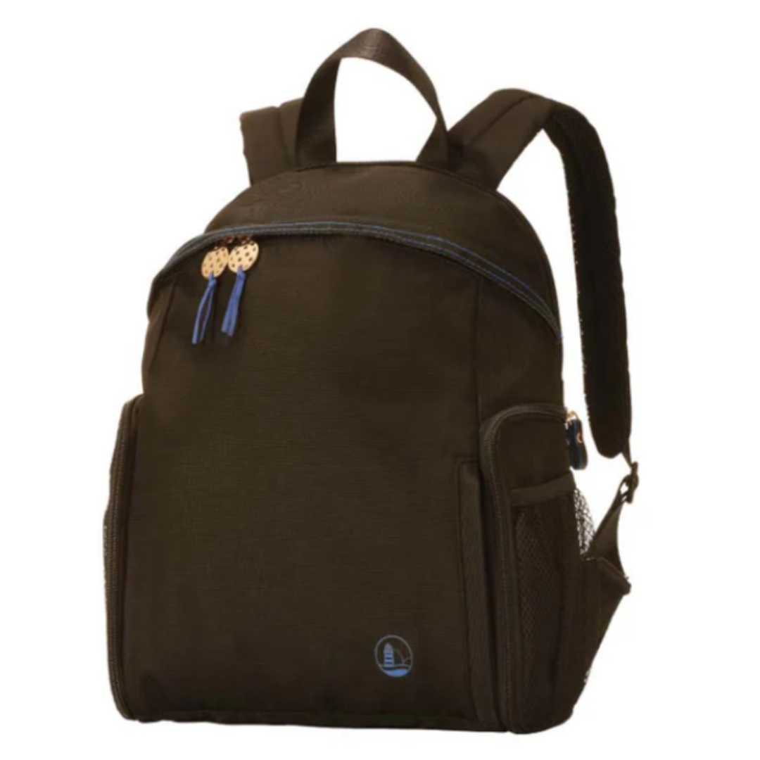 Dark brown backpack with side mesh pockets, blue zipper details, and top handles.