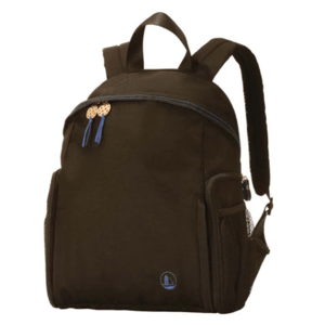 Dark brown backpack with side mesh pockets, blue zipper details, and top handles.