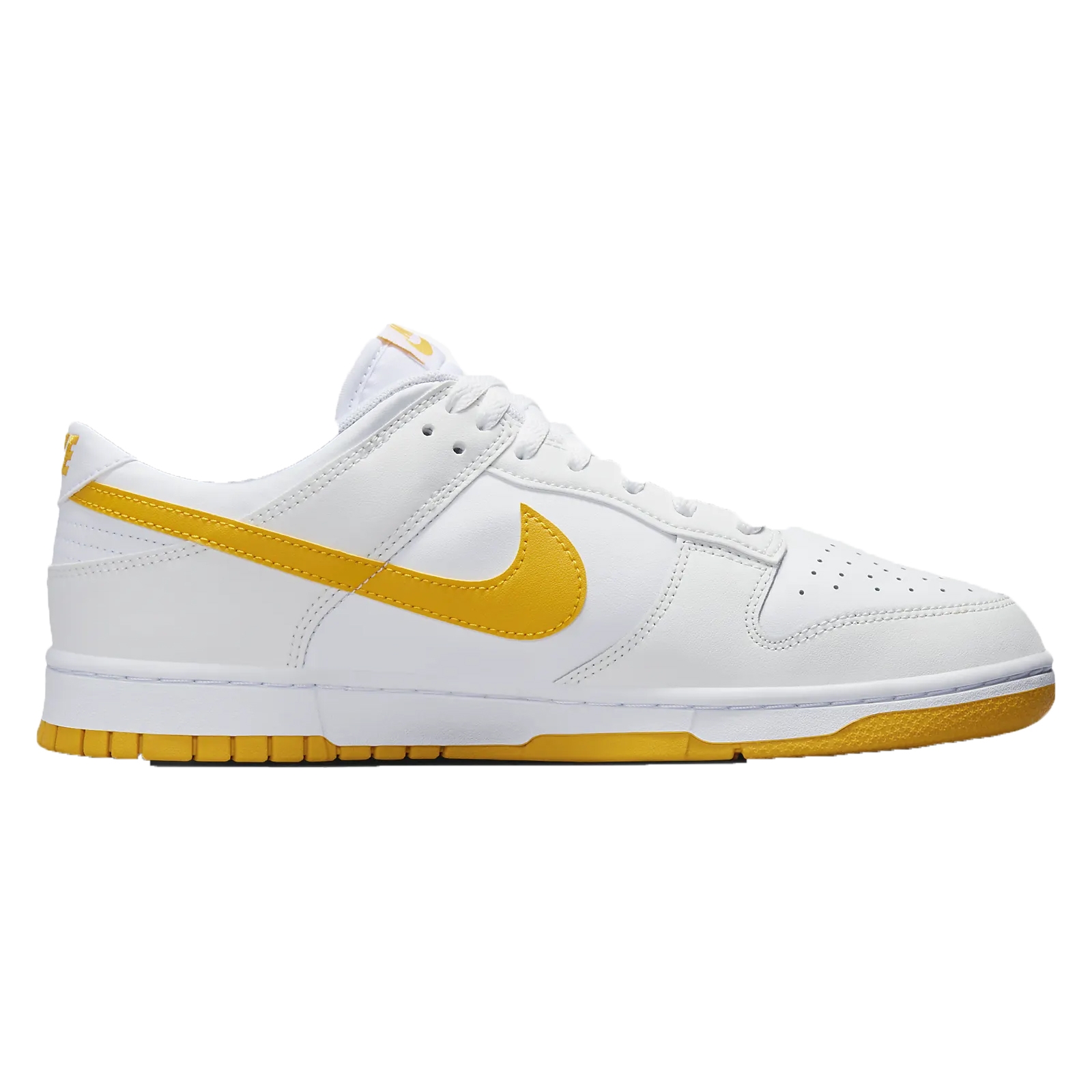 White sneaker with yellow Nike swoosh and sole.