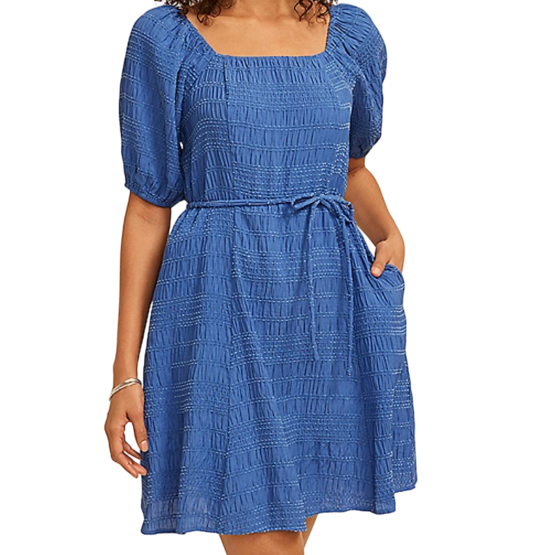 Blue textured dress with a square neckline, puffed short sleeves, and a matching fabric belt at the waist.