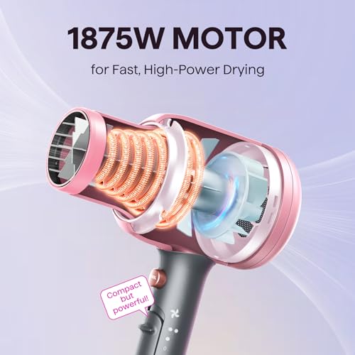 A compact pink and black hair dryer with a visible 1875W motor, designed for fast, high-power drying.