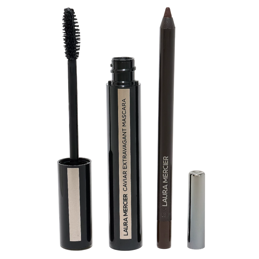 Laura Mercier Caviar Extravagant Mascara and an eyeliner pencil with their caps, featuring sleek black and metallic design.
