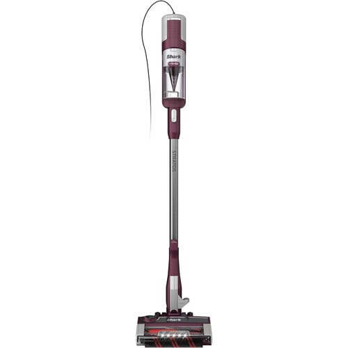 A refurbished Shark Stratos upright vacuum cleaner with a slim design, featuring a burgundy color scheme and a transparent dirt collection cup.