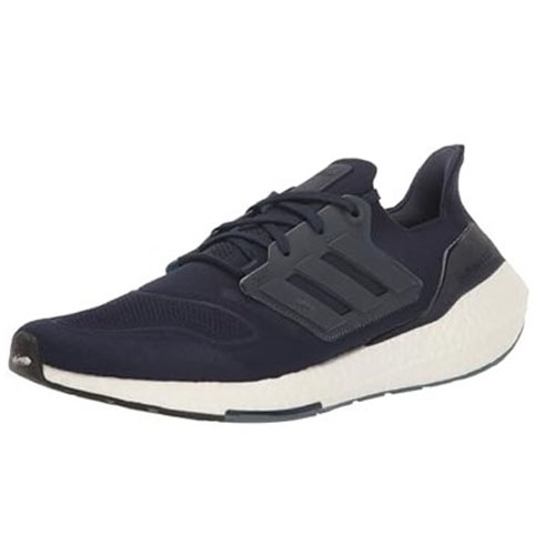 A single dark blue running shoe with a white sole and black accents.