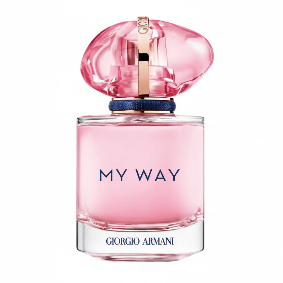 Giorgio Armani \“My Way\“ perfume bottle with a pink liquid, featuring a pink cap and gold accent.