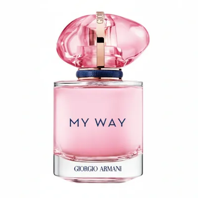 Giorgio Armani \“My Way\“ perfume bottle with a pink liquid, featuring a pink cap and gold accent.