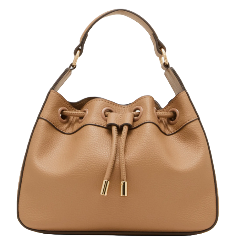 Anne Klein Drawstring Bucket Bag features a light brown pebbled leather exterior with gold-tone accents. It has a short handle and a drawstring closure for easy access.