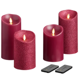 Set of four red flameless LED candles, some with glitter, includes two remote controls.