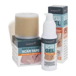 NuvaDermis soft silicone scar tape and advanced scar gel are showcased, both marketed for scar care.
