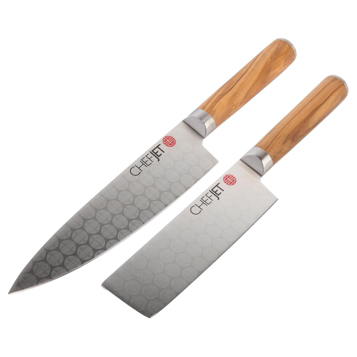 The Chefjet Knife Set includes two knives with wood handles and patterned stainless steel blades. One knife has a pointed tip, and the other has a straight, flat blade.