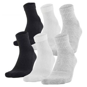 3-pack of quarter-length socks in black, white, and gray. Each pair features ribbed cuffs and a comfortable cushioned footbed designed for athletic or everyday wear.