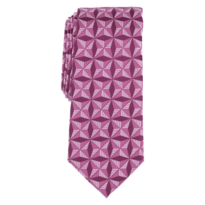 A pink necktie featuring a geometric pattern with a grid of diamond shapes and darker accents.