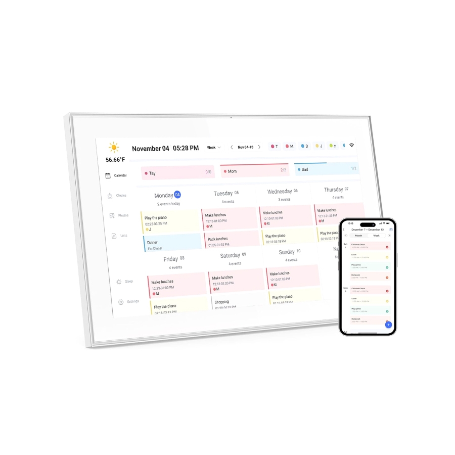 The display shows an electronic smart calendar with a tactile interface, featuring a week view of appointments and tasks, alongside a smartphone displaying a similar calendar view, for synchronizing schedules across devices.