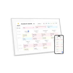 The display shows an electronic smart calendar with a tactile interface, featuring a week view of appointments and tasks, alongside a smartphone displaying a similar calendar view, for synchronizing schedules across devices.