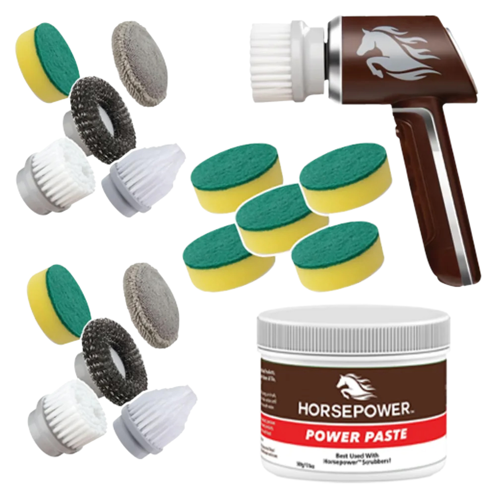 Horsepower Power Scrubber Sponge Bundle includes a handheld power scrubber with a horse design, multiple brush and sponge attachments, and a jar of power paste for cleaning.