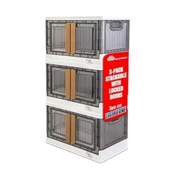Stackable storage crates with locked doors in a 3-pack, promoted as seen on Shark Tank, designed by db products.
