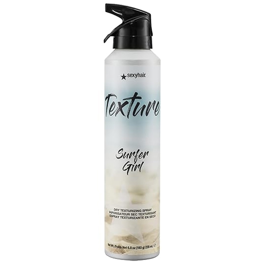 SexyHair Texture Surfer Girl Dry Texturizing Spray in a 6.4 oz (195g) aluminum can with a black spray nozzle.
