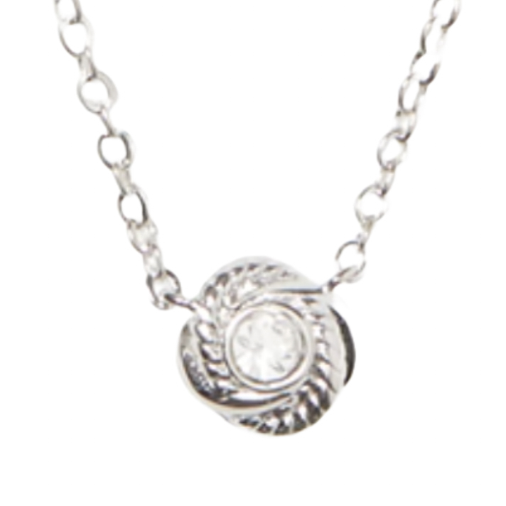 A silver necklace features a twisted rope design with a central round gemstone.