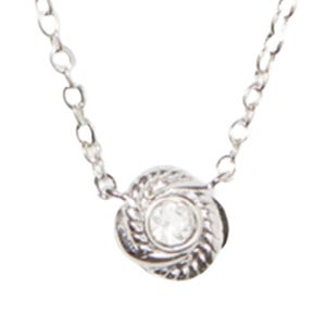 A silver necklace features a twisted rope design with a central round gemstone.