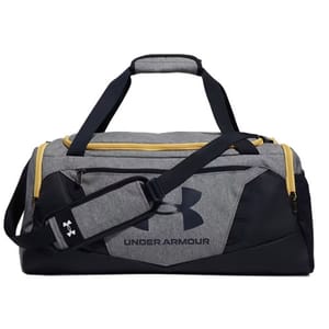 Under Armour duffel bag with a gray and black color scheme, featuring yellow zippers and a shoulder strap.